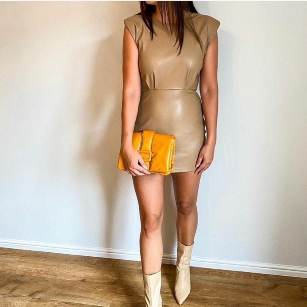 Zara dress taupe nude brown faux leather size M